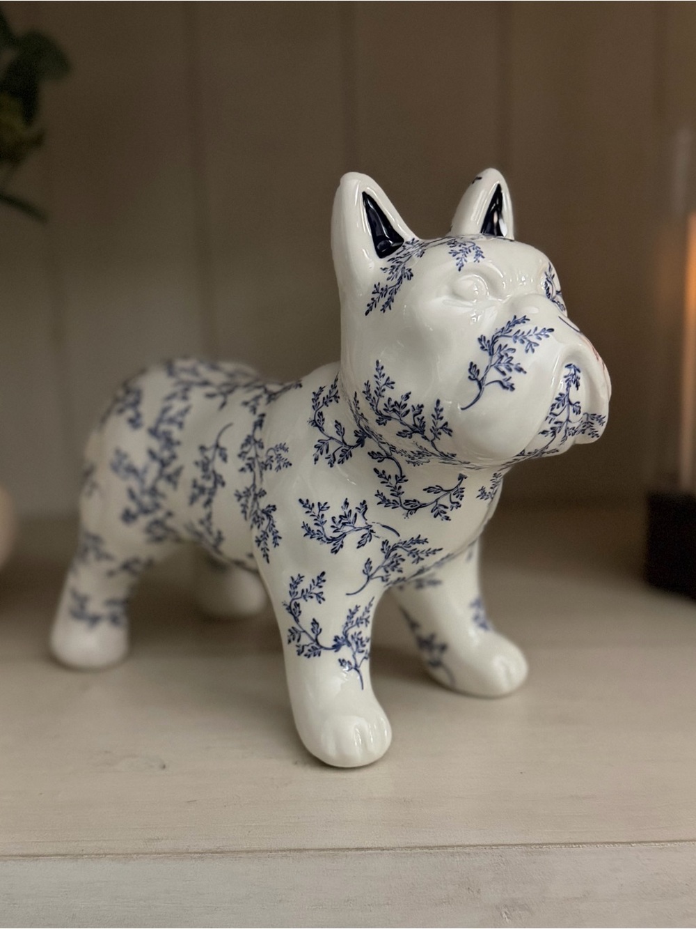 BULLDOG or FRENCHIE 9x4” Blue White Ceramic French Bull Dog Figurine NEW